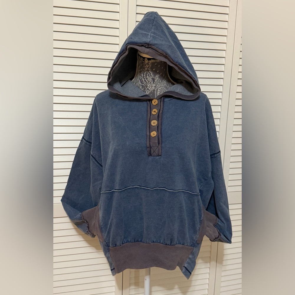 💙 White Birch Hooded Henley Sweatshirt Blue Size M